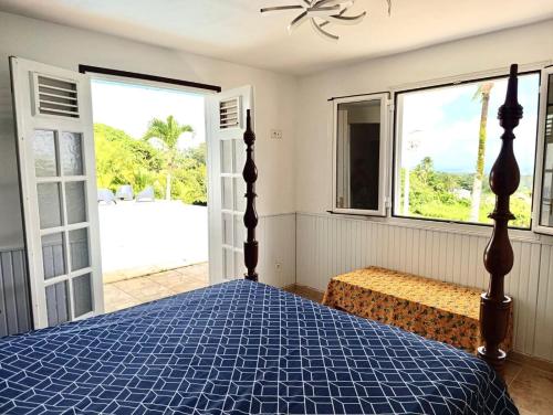 a bedroom with a bed and a large window at Villa Renée in Petit-Bourg