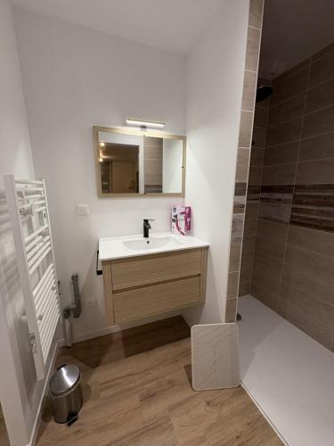 a bathroom with a sink and a mirror and a shower at LONI EXPERIENCES - L'Escale in Challans