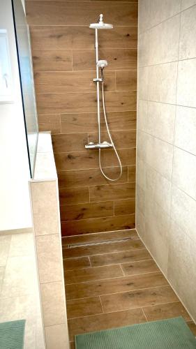 a bathroom with a shower with a wooden wall at Alpen Liebe Prem in Prem