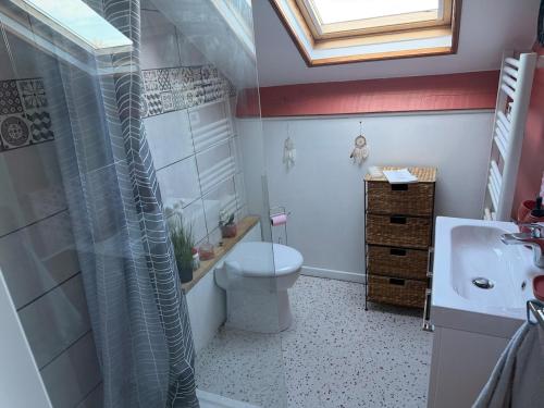 a bathroom with a toilet and a sink at Le petit cocon in Brêmes