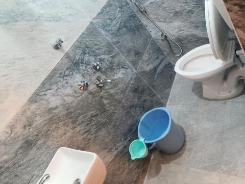 a bathroom with a toilet and a sink and a mirror at DPD Beach Hotel in Pondicherry