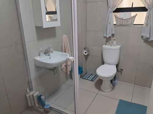 a bathroom with a shower and a toilet and a sink at 118 on the Bay in Gordonʼs Bay
