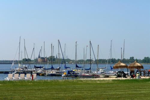 a bunch of boats are docked at a marina at Hotel-Pension Grüne Linde in Delitzsch