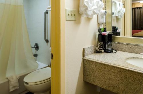 a bathroom with a toilet and a sink at Rodeway Inn Vicksburg in Vicksburg