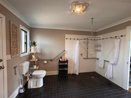 a bathroom with a toilet and a shower at Singleton Rose Cottages in Singleton