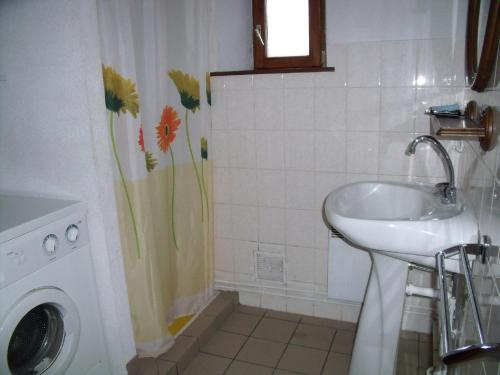 a bathroom with a sink and a shower curtain with flowers at Gîte Les Hirondelles in Plombières-les-Bains
