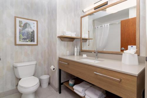 a bathroom with a toilet and a sink and a mirror at Hampton Inn Rock Springs in Rock Springs