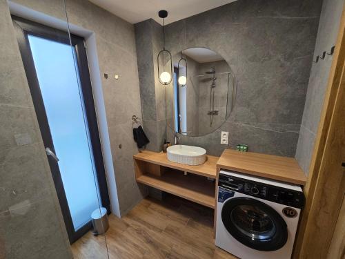 a bathroom with a washing machine and a mirror at FLAUTA apartamenty in Iława