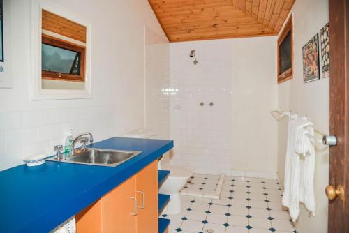 a bathroom with a sink and a shower at Georgina's place, Kangaroo Island in Brown Beach