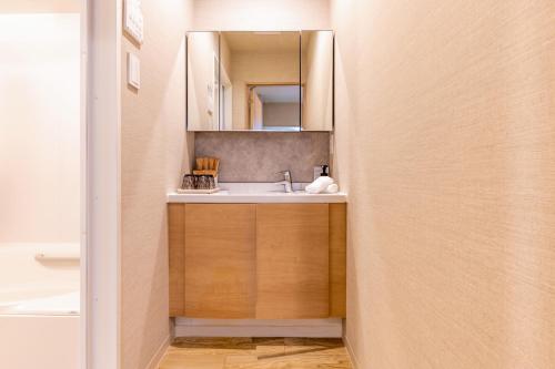 a bathroom with a sink and a mirror at Gouhou Garden Hotel Asakusa in Tokyo