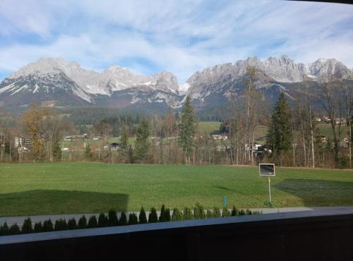 a basketball hoop in a field with mountains in the background at Landhaus Wörgartner in Going