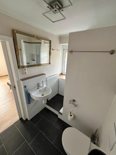 a bathroom with a sink and a mirror at Ferienwohnung am Nürburgring in Herresbach