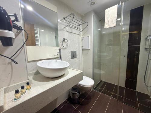 a bathroom with a sink and a toilet and a shower at Rain Golden Hotel in Istanbul