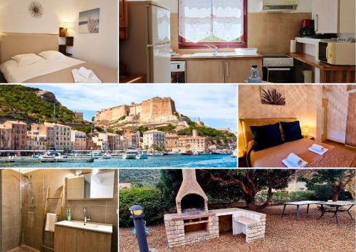 a collage of photos of a hotel room with a view at Appartement Kallisté, Logements avec vue citadelle de Bonifacio in Bonifacio
