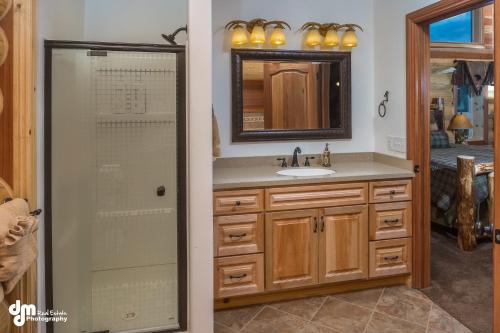 a bathroom with a sink and a shower at Alaska Knotty Pine B&B in Palmer