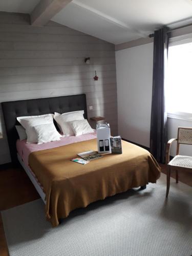 a bedroom with a bed and a table with a box on it at chambre Médoc du Logis du Parc in Libourne