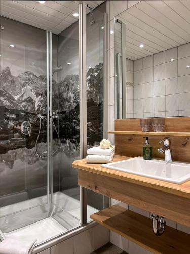 a bathroom with a shower and a sink at Ferienwohnungen Vogler in Oberstdorf