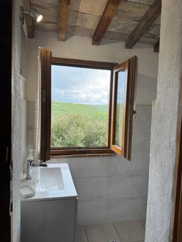 a bathroom with a sink and a large window at Guesthouse Nicol in Collelungo