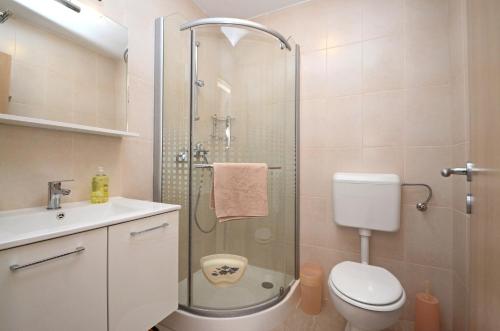 e bagno con doccia, servizi igienici e lavandino. di Apartments Surjan a Brna