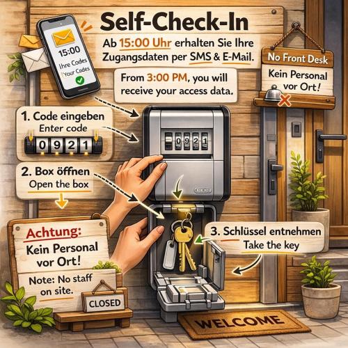 a collage of information about a self check in machine at Werder Appartements Rostock in Rostock