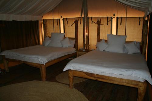 a bedroom with two beds and a table with a lamp at Roika Tarangire Tented Lodge in Kwa Kuchinia