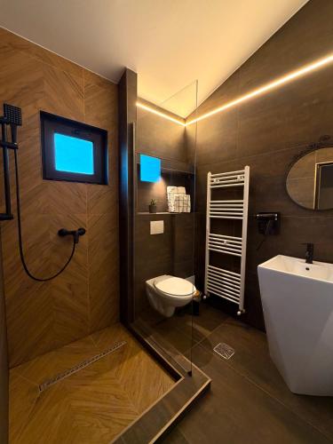 a bathroom with a shower and a toilet and a sink at Delta Garden Resort in Dunavăţu de Jos