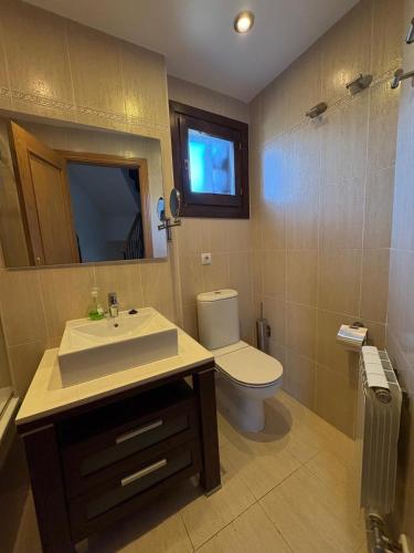 a bathroom with a sink and a toilet and a mirror at Casa Miradell in Hoz de Jaca