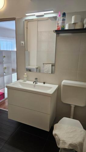a bathroom with a sink and a toilet and a mirror at Sunlight Apartmanház in Velence