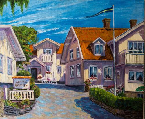 a painting of a house with a flag at Hotell & Restaurant Solliden in Stenungsund