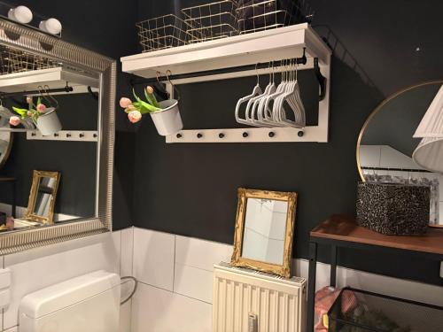 a bathroom with a toilet and a mirror at Hideaway Palais Auersperg in Salzburg