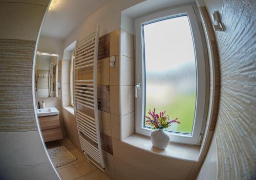 a bathroom with a window and a vase with flowers in it at Bloom Residence Gomzi in Naklo