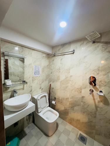 a bathroom with a white toilet and a sink at Hotel Central Bhaktapur in Bhaktapur
