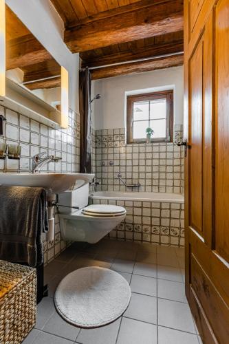 a bathroom with a toilet and a sink and a tub at Apartment Walhallastrasse in Arbon