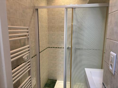 a shower with a glass door in a bathroom at L'Ecrin Léopold - Centre ville in Montélimar