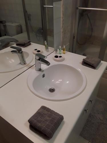 a bathroom counter with two sinks and a mirror at Wenceslas Cobergher III in Bertem