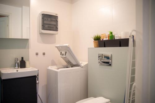 a small bathroom with a toilet and a sink at Quiet Nature Studio in Lahemaa, Garden, Terrace and pet friendly in Kolga