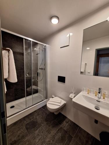 a bathroom with a shower and a toilet and a sink at Hotel Avion in Prague