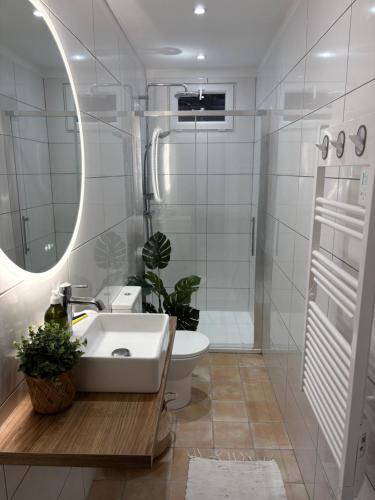 a bathroom with a sink and a toilet and a mirror at Pitch Provence B&B in Ollioules