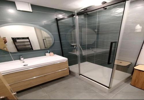 a bathroom with a shower and a sink and a mirror at Blue lagon-350m plage-clim-parking in Saint-Cyprien-Plage