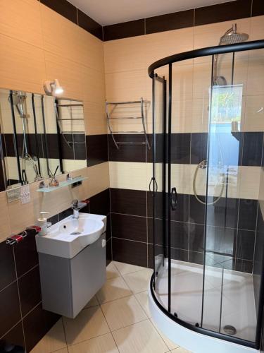 a bathroom with a shower and a sink at Rybaczówka Golub-Dobrzyń in Golub-Dobrzyń