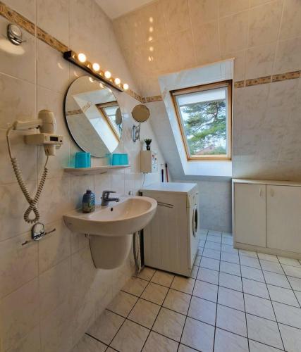 a bathroom with a sink and a mirror at Neue Liebe Wohng_4 in Groß Kirr