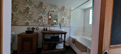 a bathroom with a sink and a bath tub at Maison Oscar et Petrus in Beaumont-du-Gâtinais