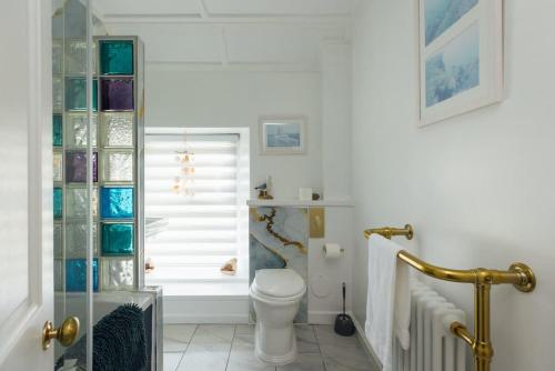 a bathroom with a toilet and a glass shower at Cosy Welsh Cottage in St Davids Centre with Garden in St. Davids