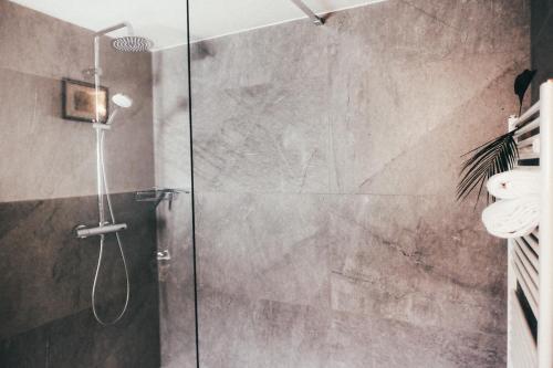 a shower with a glass door in a bathroom at Haus Luna - Apartment Luna 6 in Schwangau