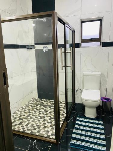 a bathroom with a shower and a toilet in it at Royal Lodge in Sibasa