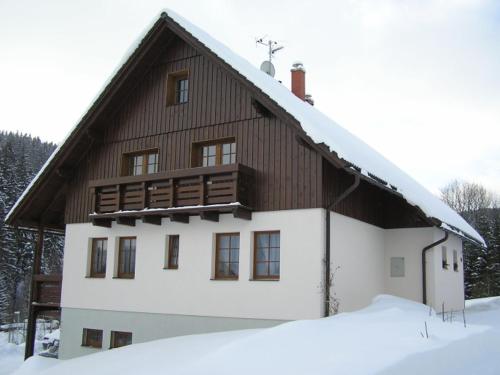 duży dom z pokrytym śniegiem dachem w obiekcie Apartmány Vlasta w mieście Paseky nad Jizerou