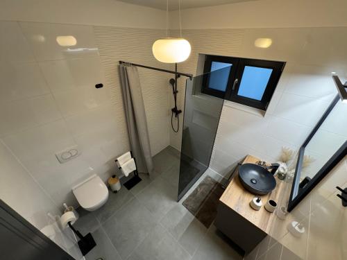 a bathroom with a shower and a sink and a toilet at 5 Crowns - Osijek - Free EV - Self check in - Pool in Osijek