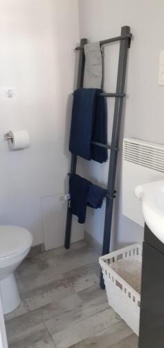 a bathroom with a towel rack next to a toilet at La maison de poupées in Bourseul