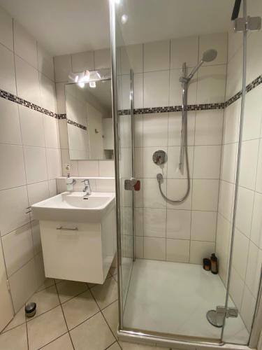 a bathroom with a shower and a sink at Seeloge mit Dachterrasse direkt am Westhafen in Hagnau am Bodensee in Hagnau