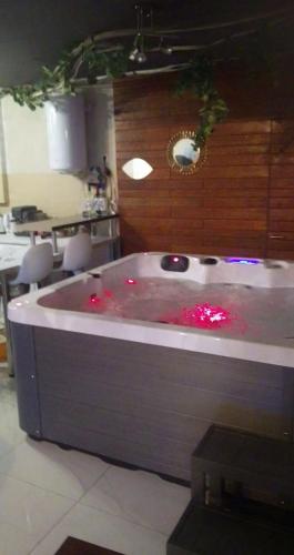a jacuzzi tub with red lights in a kitchen at Homely in Bansko